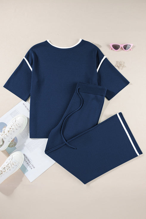 Contrast Trim Textured Knit Half Sleeve Drop Shoulder Drawstring Waist Wide Leg Two Piece Pant Set